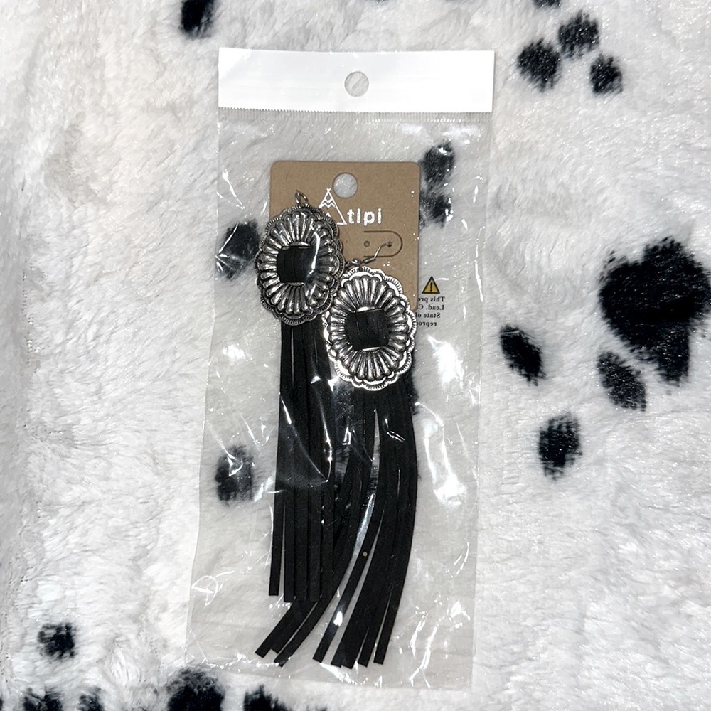 Black Tassel Concho Hook Earrings